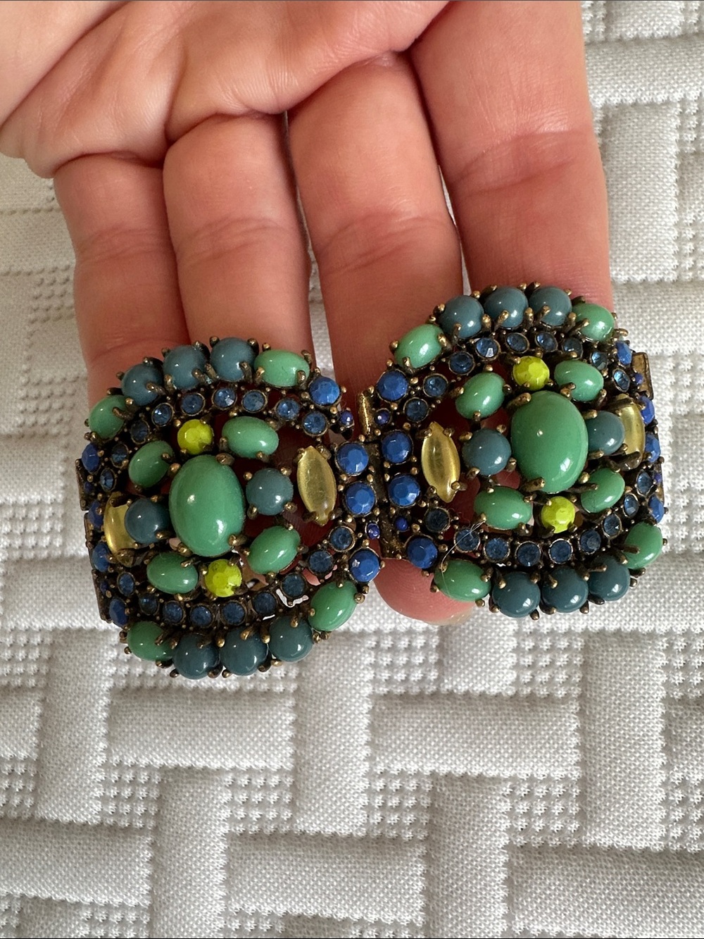 Green and Blue Cluster Stone Clip-On Earrings - Brand